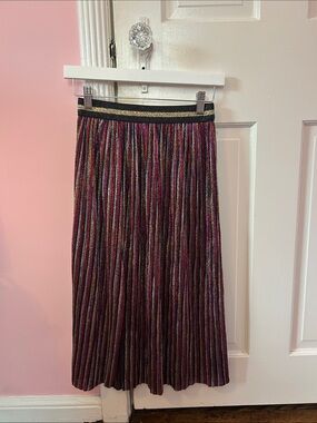 Topshop Pleated Metallic Multi-Stripe Midi Skirt With Slit